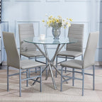 5 Pieces Round Dining Room Set for 4 Contemporary Glass Kitchen Table with 4 PU Chairs Set Compact Silver Legs Glass Table with Grey Chairs Set for Small Space/Apartment