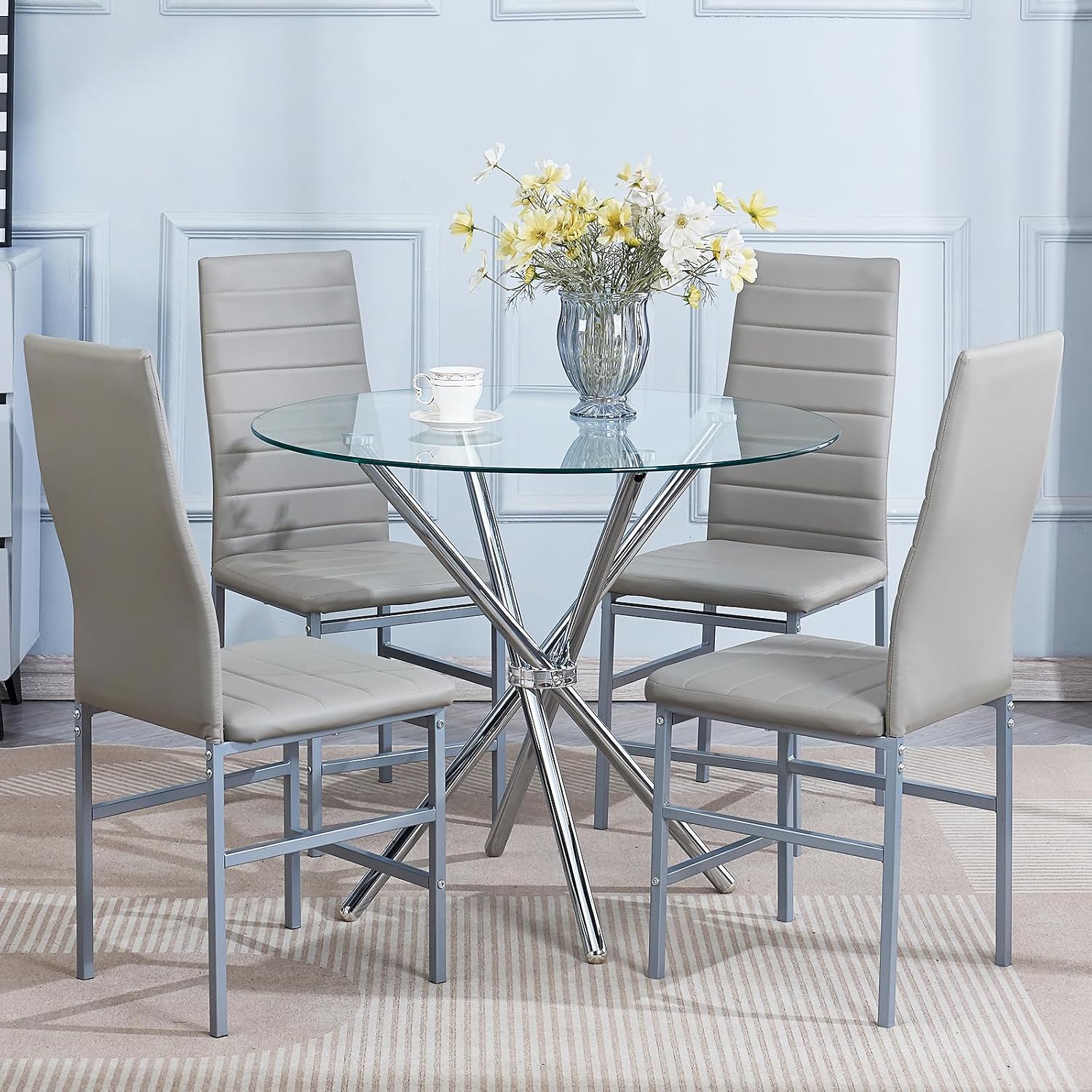 5 Pieces Round Dining Room Set for 4 Contemporary Glass Kitchen Table with 4 PU Chairs Set Compact Silver Legs Glass Table with Grey Chairs Set for Small Space/Apartment