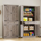 BORNOON Pantry Organizers and Storage Cabinet, 67.7” Barn Door White Kitchen Cabinet with Drawers and Adjustable Shelf, Tall Pantry for Kitchen, Dining Room, Living Room Bedroom
