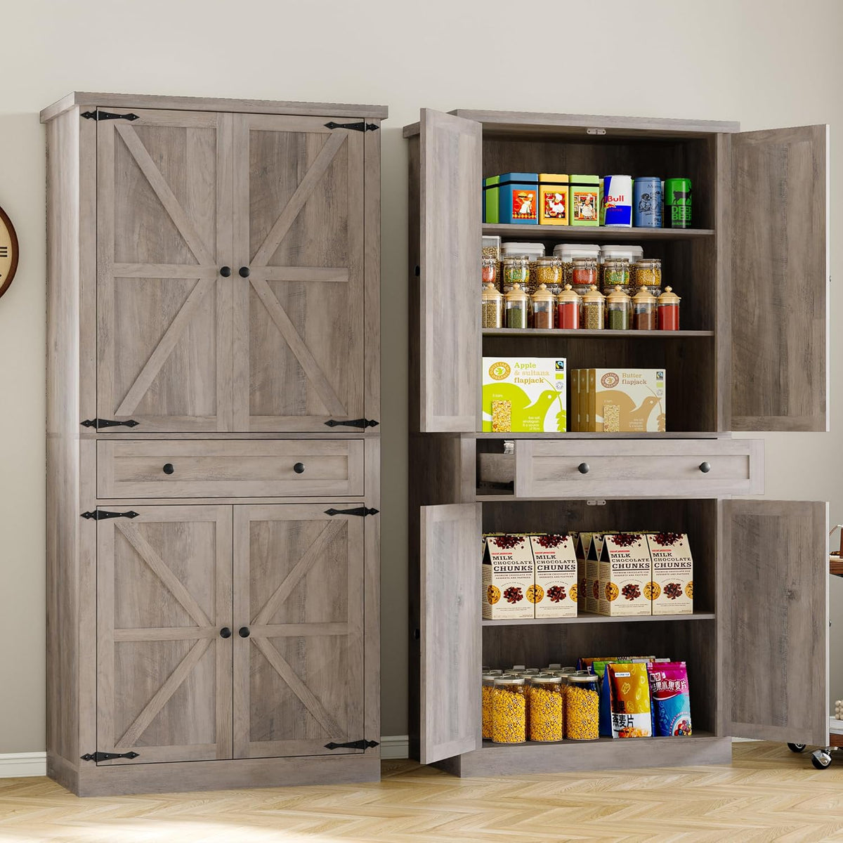 BORNOON Pantry Organizers and Storage Cabinet, 67.7” Barn Door White Kitchen Cabinet with Drawers and Adjustable Shelf, Tall Pantry for Kitchen, Dining Room, Living Room Bedroom