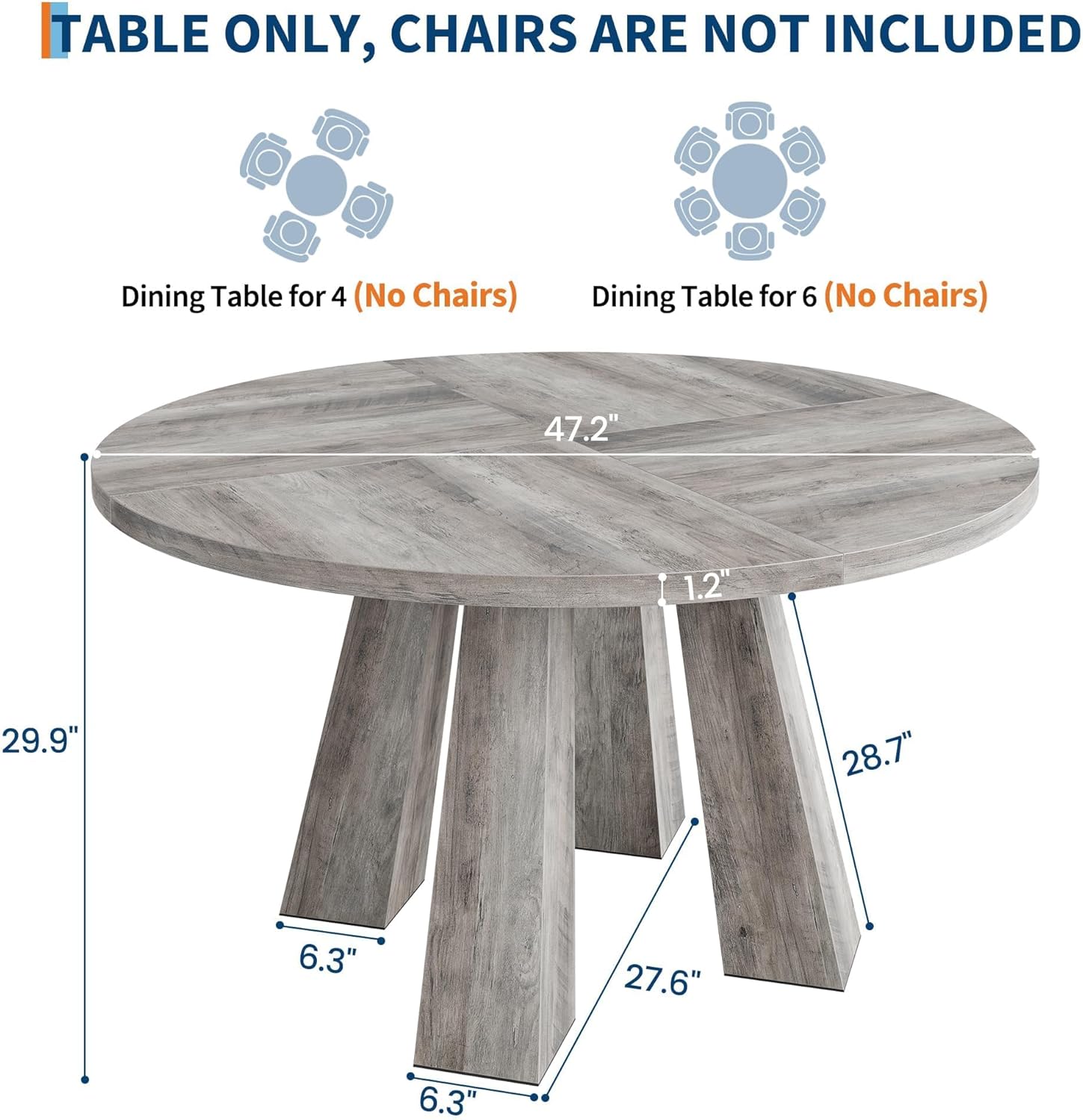 IDEALHOUSE 47" Round Dining Table for 4-6, Wood Kitchen Table with Sturdy Base, Farmhouse Circle Dinner Table for Dining Room, Living Room, 4 Strong Legs, Grey