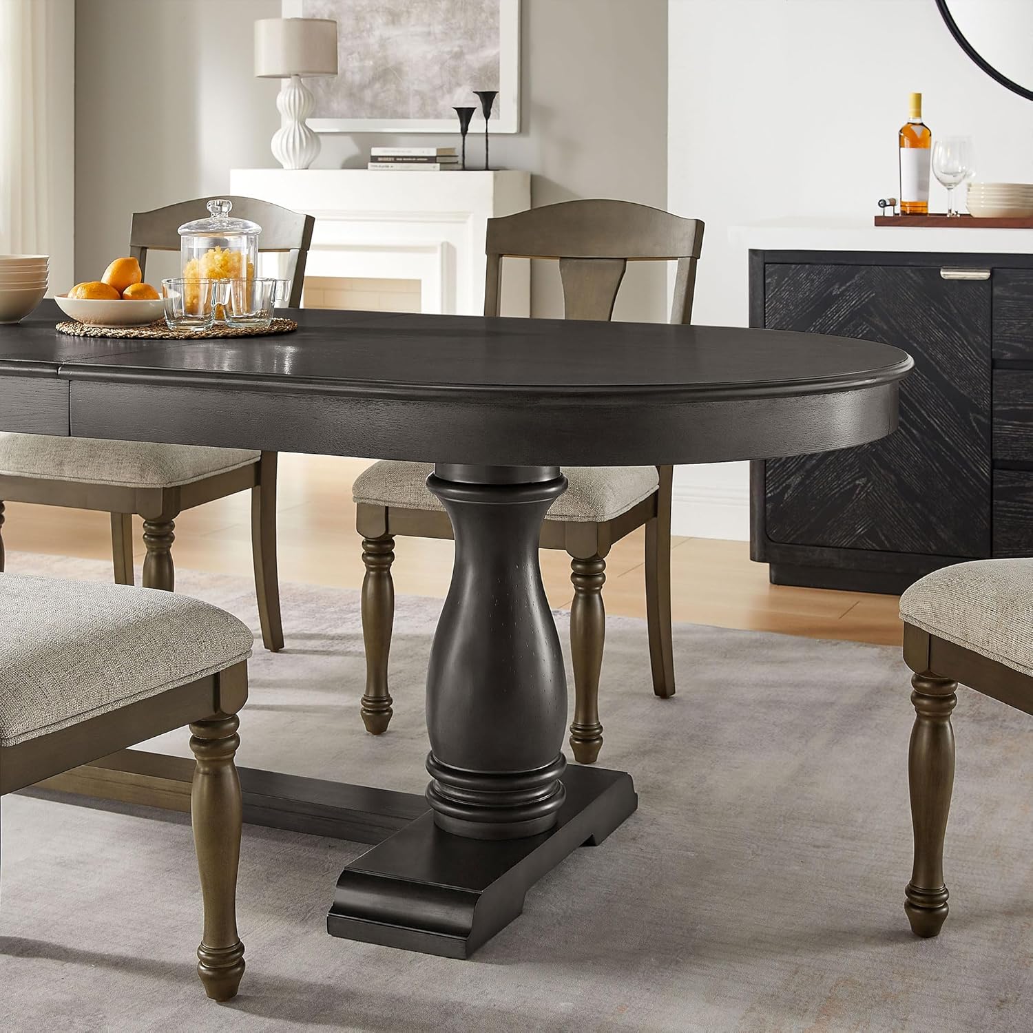 Mid-Century Modern Wooden Dining Table Extendable Oval Dining Table with 18" Leaf and Heavy Duty Column Legs, 76-inch Oversized Oval Wood Diningtable