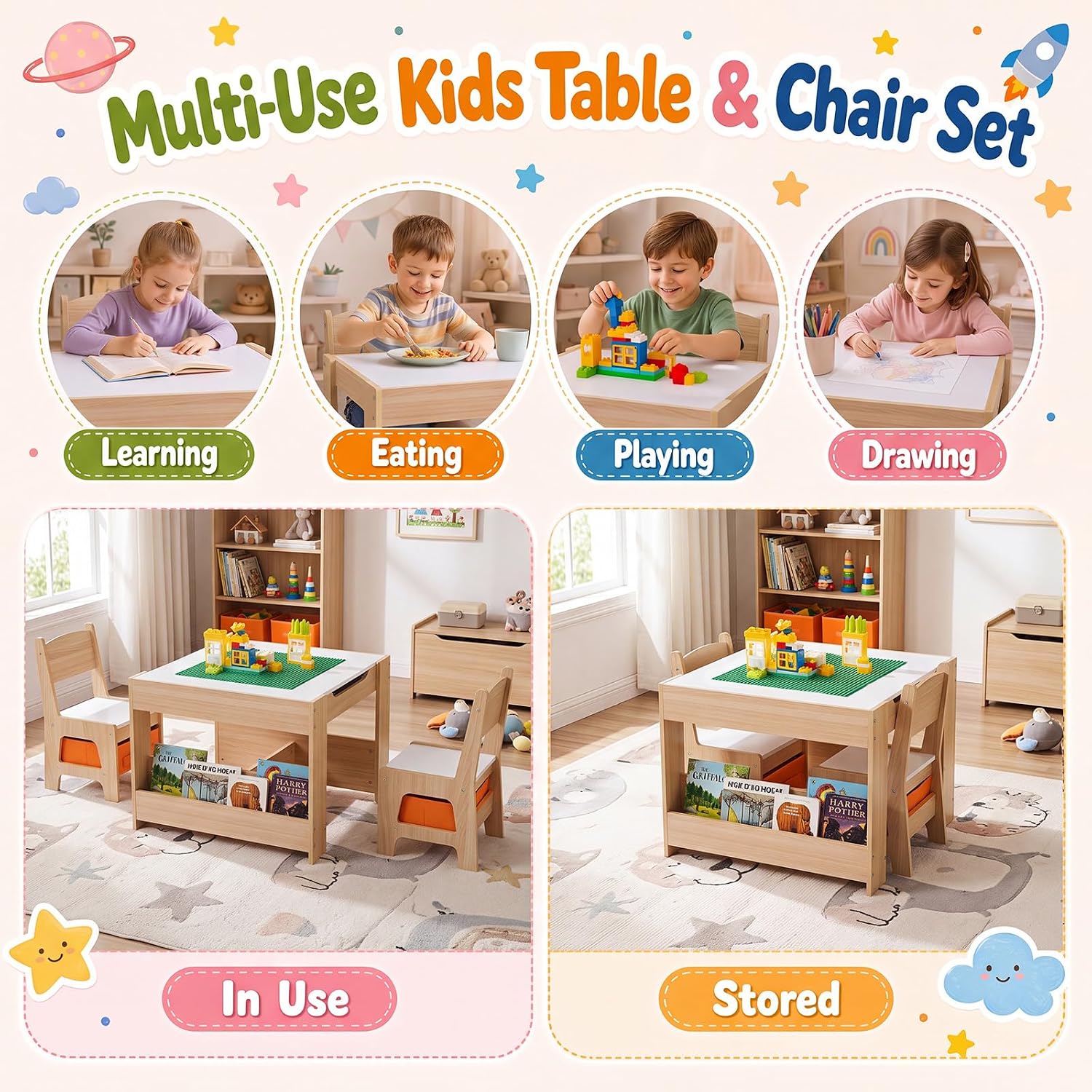 Costzon 4 in 1 Kids Table and Chairs with Building Blocks (Natural) | Wooden Toddler Activity Table Set w/ Detachable Graffiti Tabletop, Blackboard and Storage Drawers for Play, Arts & Crafts