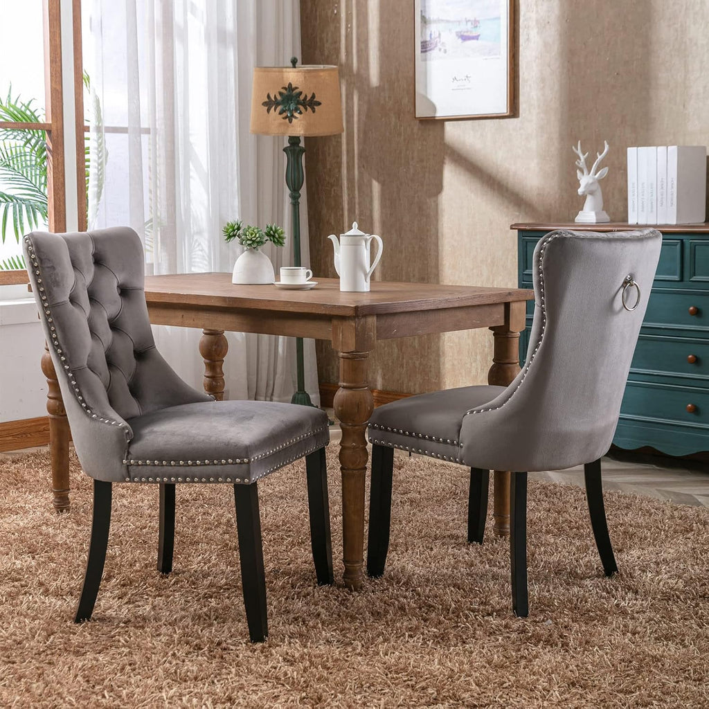 KEIKI Tufted Dining Room Chairs Set of 2, Velvet Kitchen Nailhead Trim Chairs with Solid Wood Legs and Padded Seat, Gray