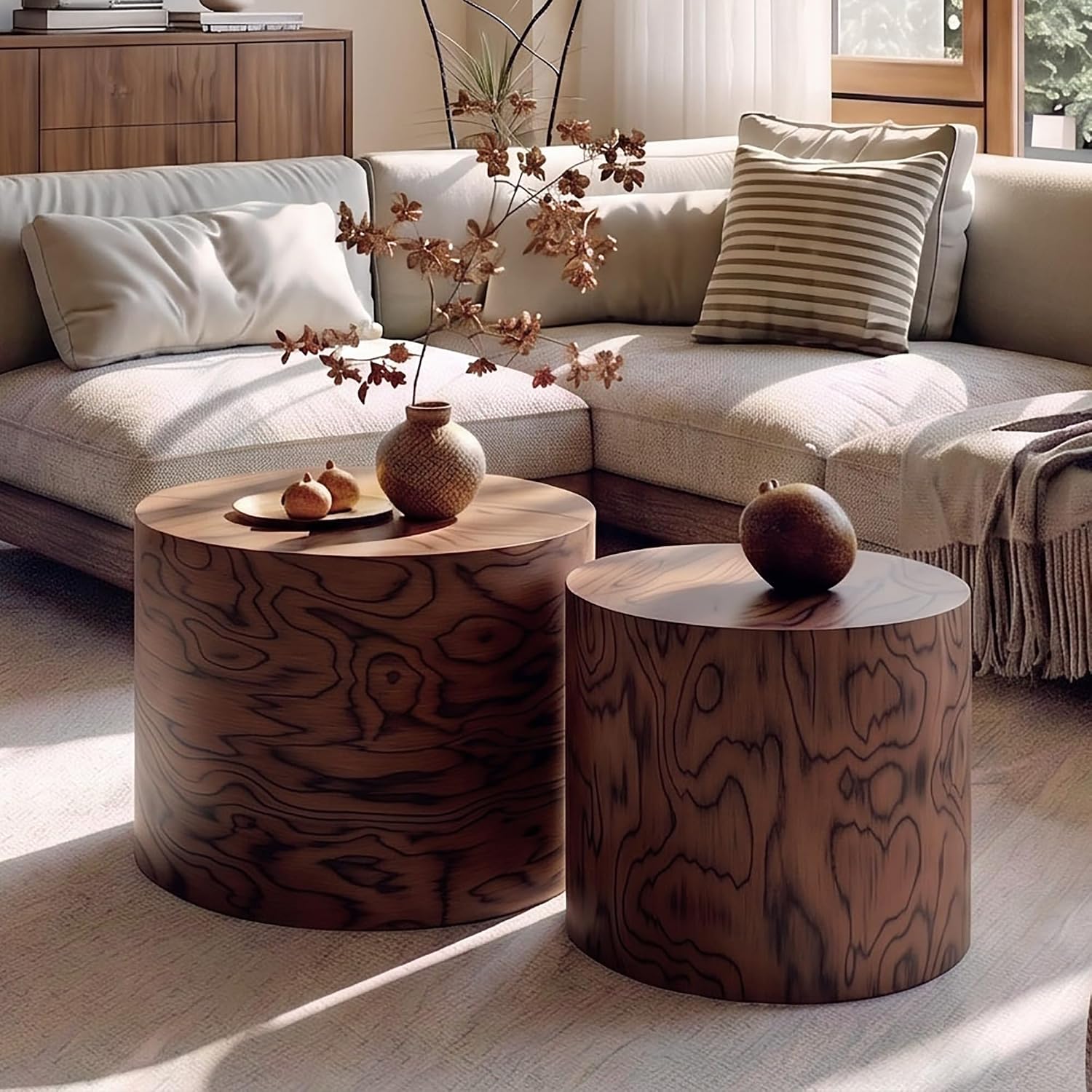 Round Nesting Coffee Table Set of 2, Modern Circle Accent End Table | Wooden Side Table, Small Drum Center Table, Natural Swirl Grain Rustic Side Set for Living Room, Small Space, No Assembling
