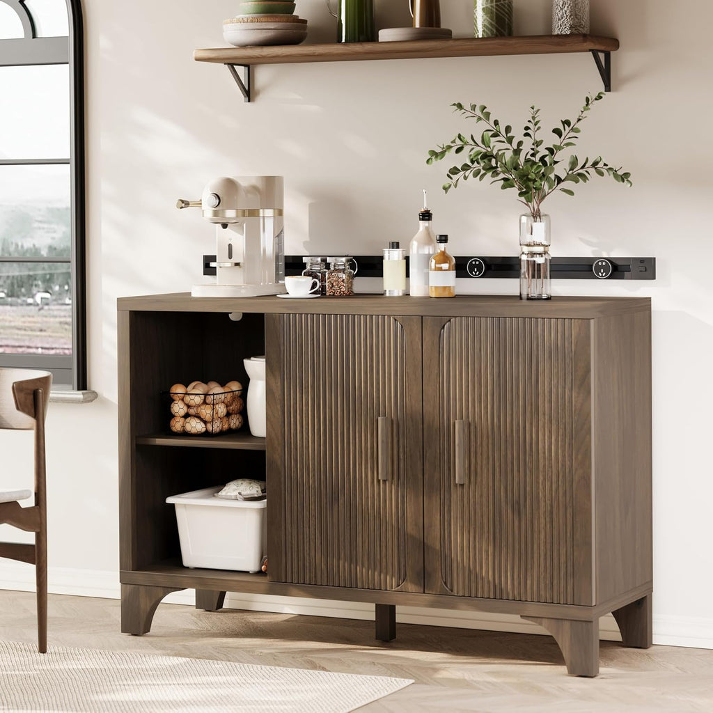 Mid Century Modern Fluted Buffet Cabinet with Storage, Accent Sideboard and Credenza Storage Cabinet with Doors, Wood Coffee Bar Console for Kitchen, Living Room (Walnut Brown, 47" 2-Door)