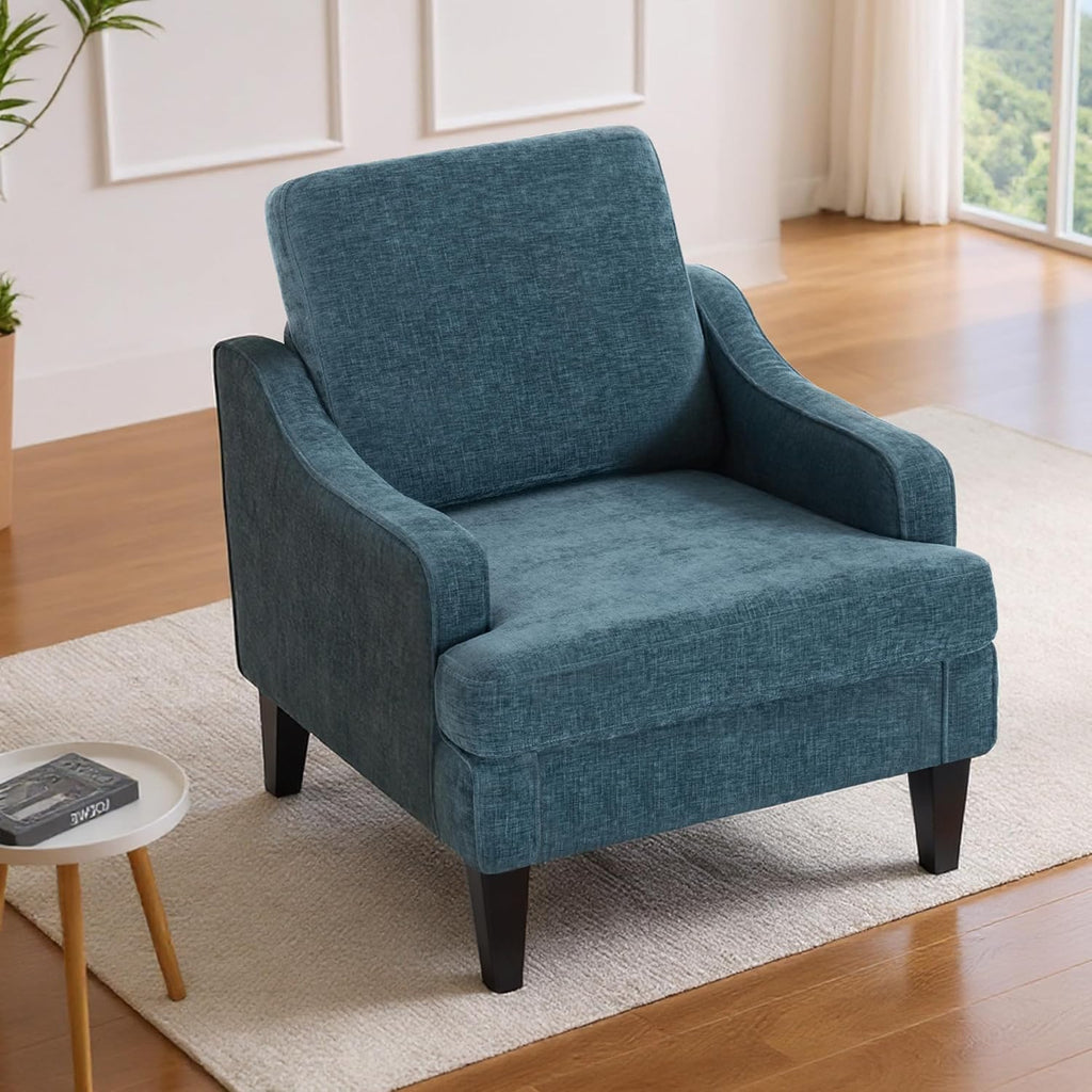 Accent Chair for Living Room,Mid-Century Arm Chair Fabric Living Room Chairs,Upholstered Reading Chair for Bedroom,Single Sofa Chair with Wood Legs for Apartment (1, Chenille Blue)