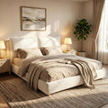 Merax Queen Boucle Platform Bed with 2 Removable Headboard Pillows, White
