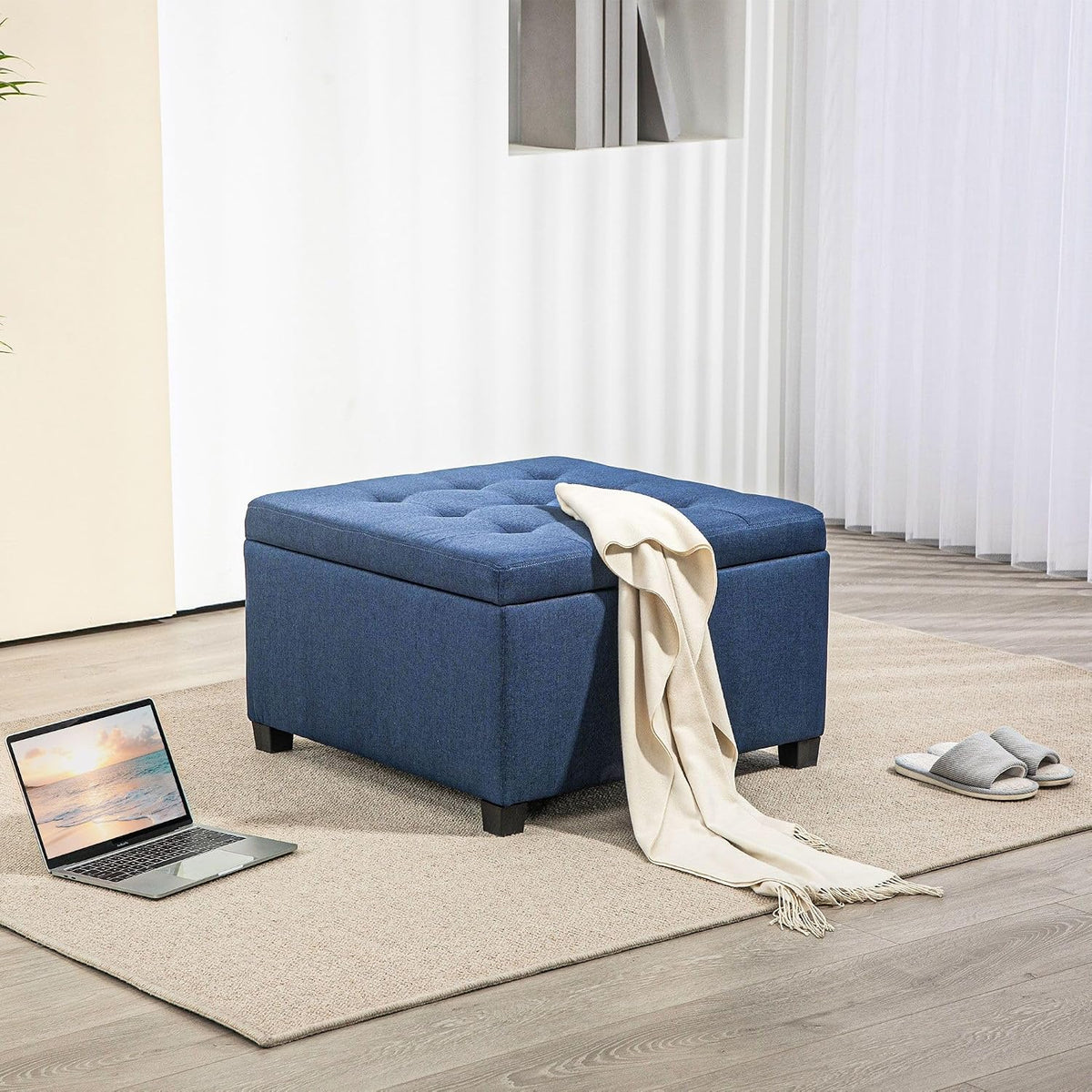 Round Storage Button Tufted Flip Top Ottoman in Elegant Blue Velvet with Comfortable Upholstery and Premium Quality Modern Style