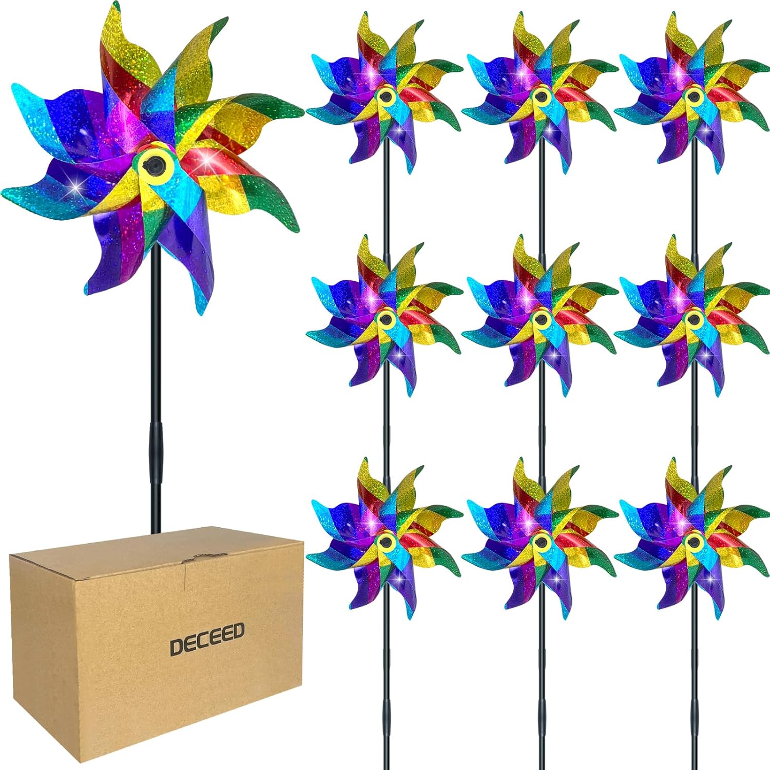 10 PCS Reflective Pinwheels for Yard and Garden Bird Devices Pre-Installed Sparkly Wind Spinner Deterrent to Scare Birds Away from Yard Patio Farm (Multicolor-1)