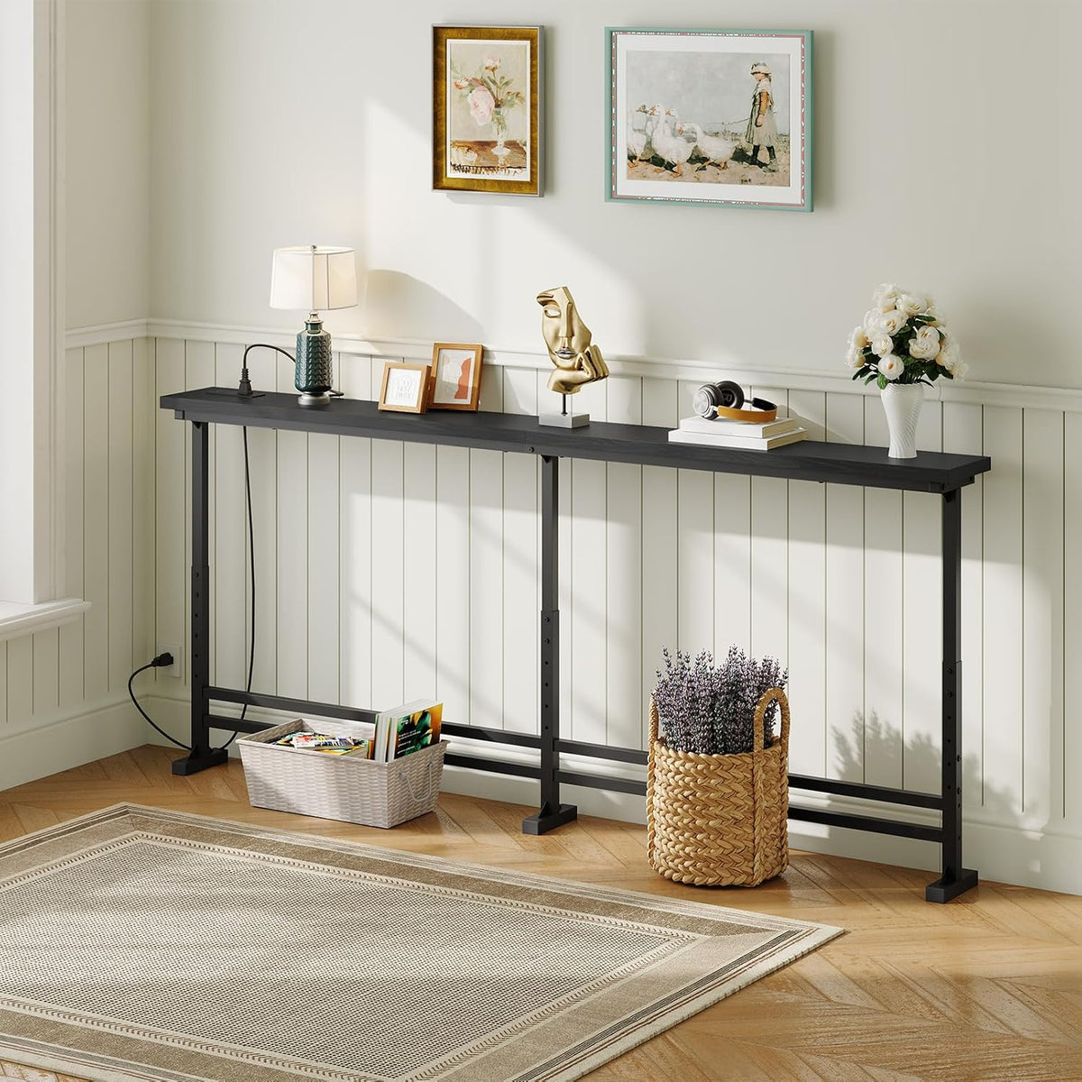 YATINEY 78.7" Console Table with Adjustable Height (27.6"-35.4") and Power Outlet, Skinny Behind Couch Table, Narrow Long Sofa Table for Living Room, Hallway, Entryway, Black CT09UBB
