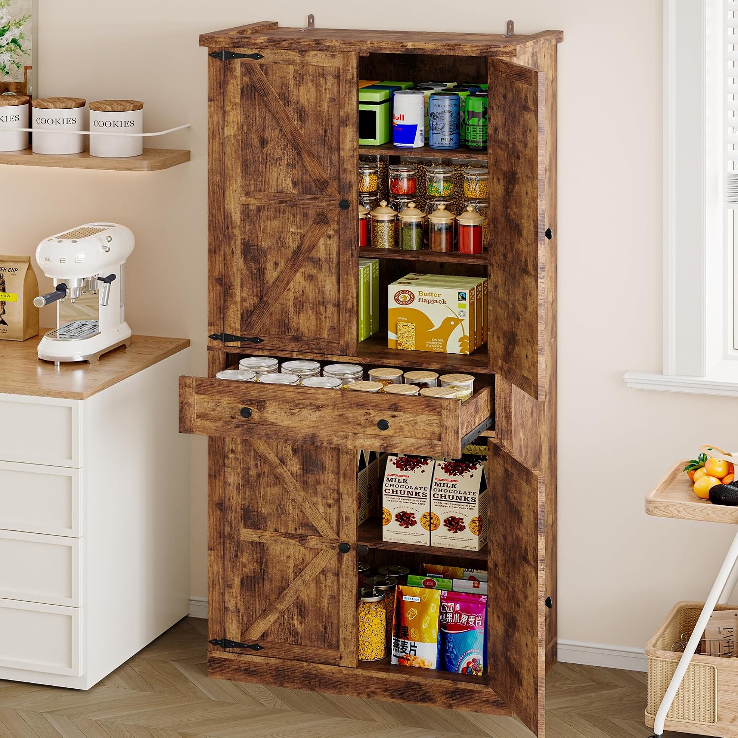 BORNOON Pantry Organizers and Storage Cabinet, 67.71” Barn Door White Kitchen Cabinet with Drawers and Adjustable Shelf, Tall Pantry for Kitchen, Dining Room, Living Room
