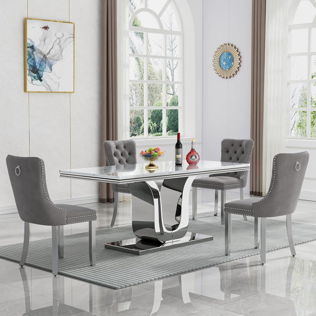 Modern White Dining Table for 6, U-Shape Stainless Steel Base, Marble Dining Room Table for 4-6, 68''L x 34''W Faux Marble Tabletop, Sturdy High Gloss Base, Rectangular Home Kitchen Table