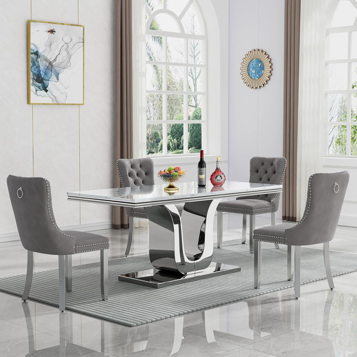 Modern White Dining Table for 6, U-Shape Stainless Steel Base, Marble Dining Room Table for 4-6, 68''L x 34''W Faux Marble Tabletop, Sturdy High Gloss Base, Rectangular Home Kitchen Table