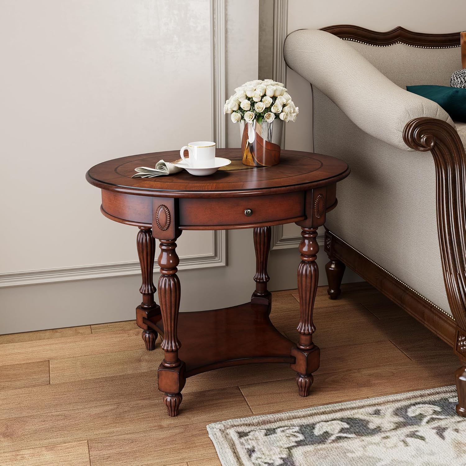Solid Wood Oval End Table with Drawer, 28"x24" Sofa Side Table with Patterned Top and Vintage Carved Edge, Cherry Walnut Finish for Living Room or Bedroom