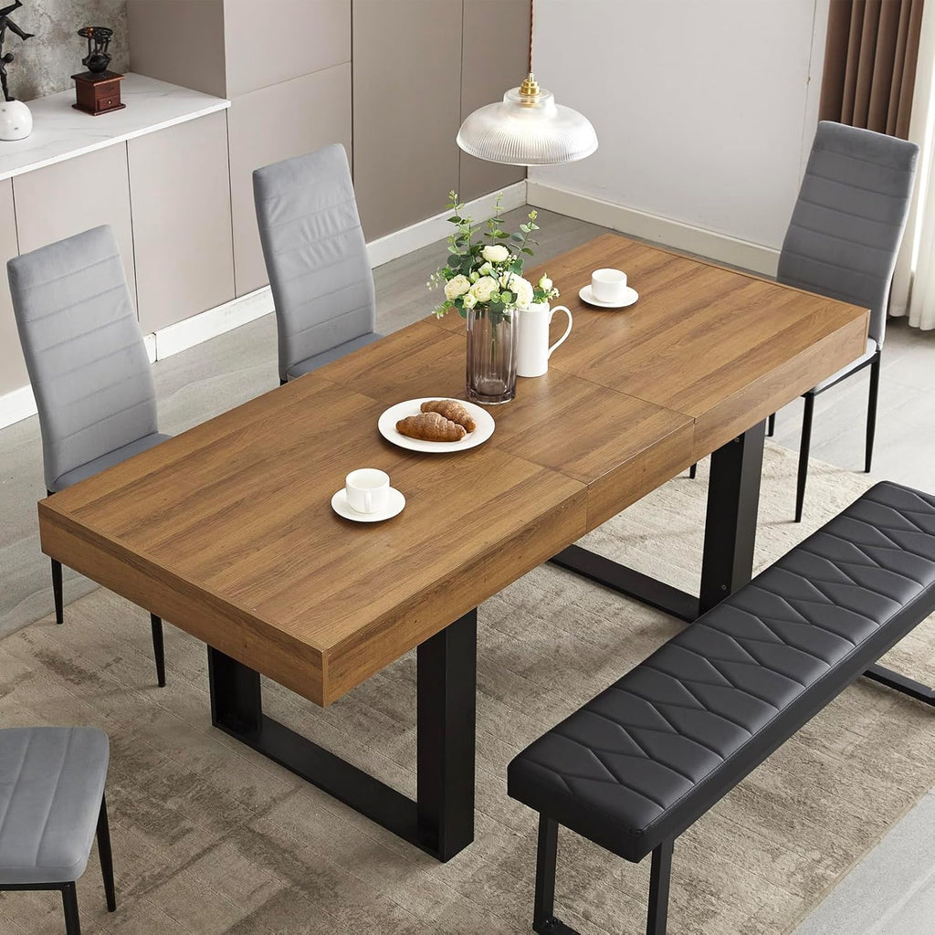 STHOUYN 63”-79” Extendable Dining Room Table, Modern Farmhouse Wooden Kitchen Table, Long Expandable Dining Table for 6 8 10, Large Expanding Tables Conference Tables (Walnut Brown)