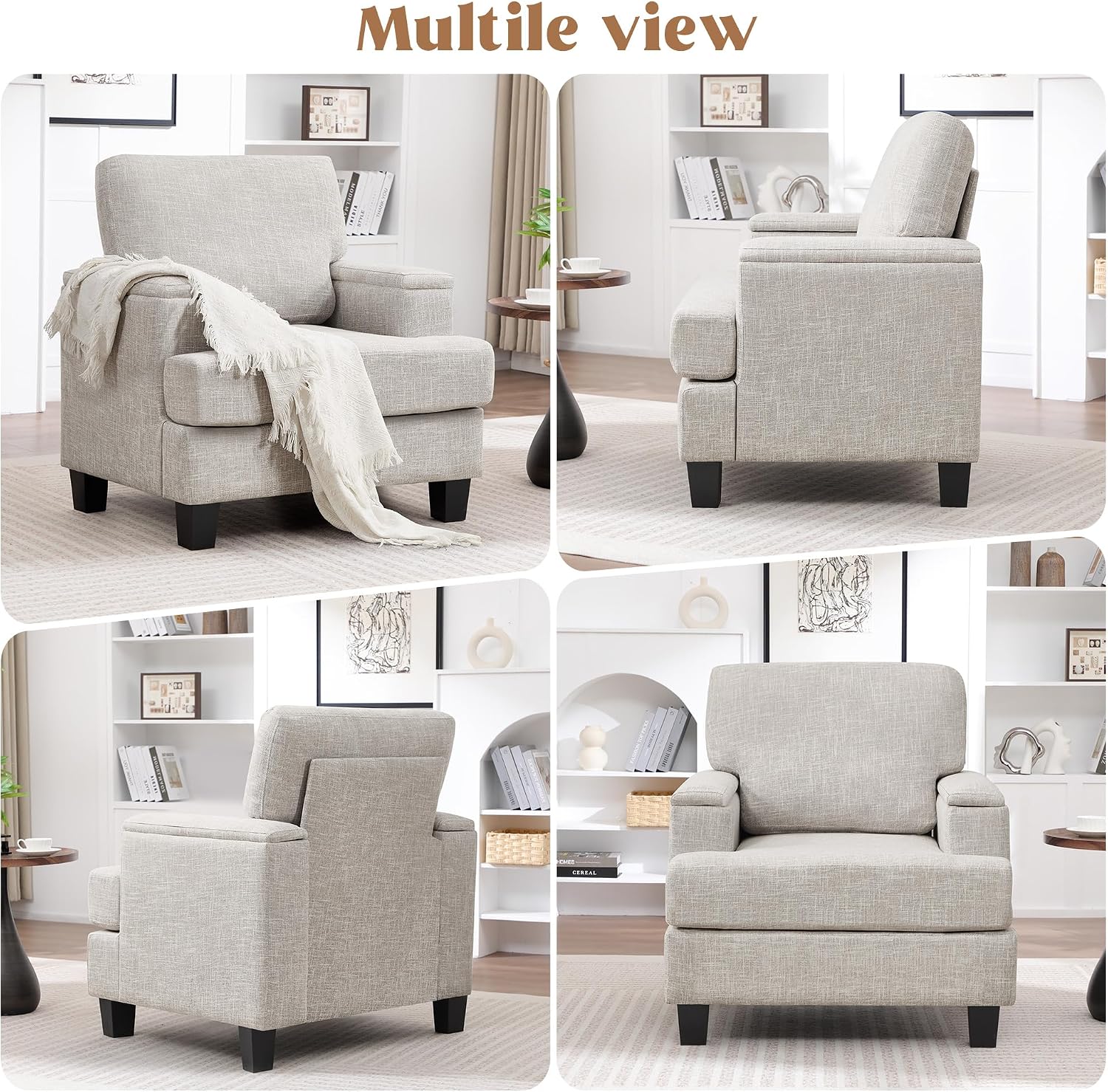 Accent Chairs Set of 2 with Armrest Storage, Modern Reading Living Room Chair, Upholstered Comfy Large Armchairs, Fabric Single Sofa Chair for Bedroom (Beige)