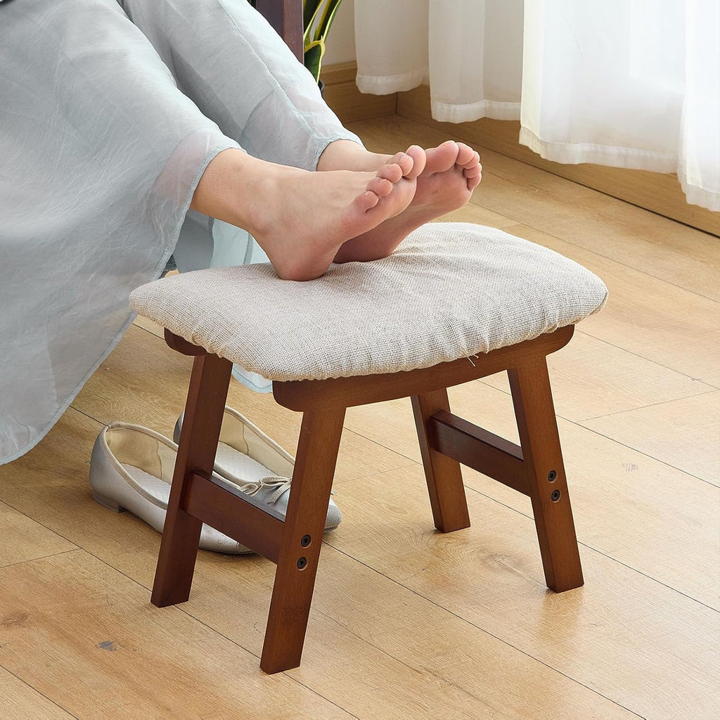 Foot Stool,Under Desk Foot Rest Ottoman, Washable Stool for Office, Living Room, Bedroom (Brown Legs-Beige Stool Seat)