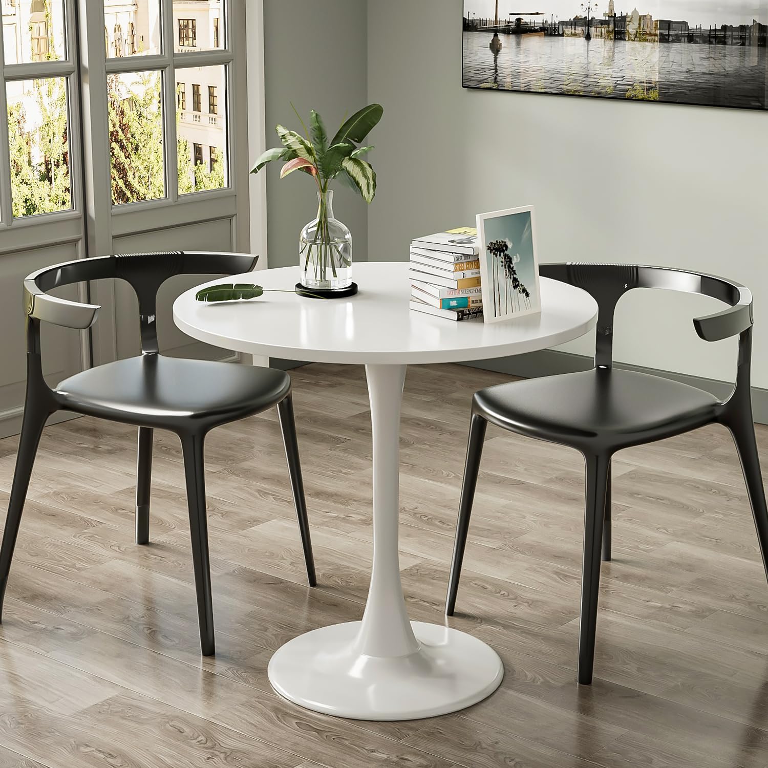 Modern White Round Dining Table 24 inch, White Tulip Round Table for Two People, Mid Century Round Coffee Table for Living Room and Kitchen