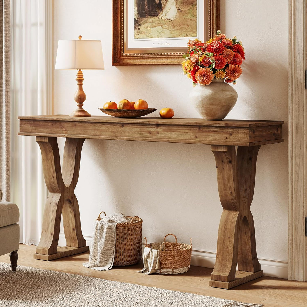 63-Inch Solid Wood Console Table, Farmhouse Entryway Table with X-Shaped Legs, Long Sofa Table for Living Room, Hallway, or Foyer, Easy Assembly, Anti-tip Kits