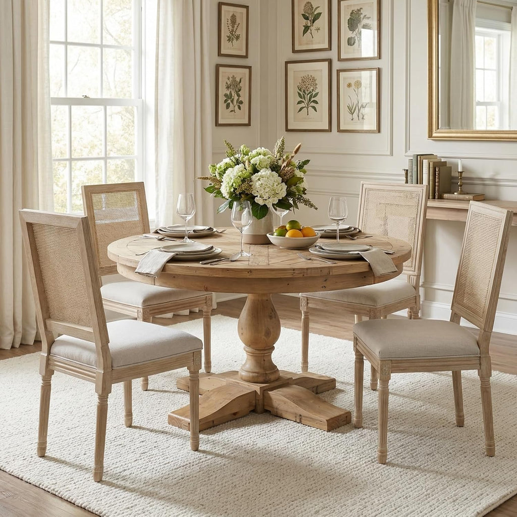 CIMOTA Farmhouse Dining Chairs Set of 8, French Rattan Dining Room Chairs with Rectangle Back/Distressed Wood Upholstered Vintage Side Chairs for Kitchen/Restaurant, Linen Beige/8PCS