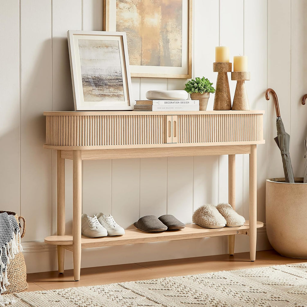 LINSY Fluted Console Table with Storage, Entryway Table Wood Entrance Tables for Front Door, Behind Couch Sofa Table with Shelves, Foyer Tables for Hallways, Living Room Boho Furniture, Light Wood