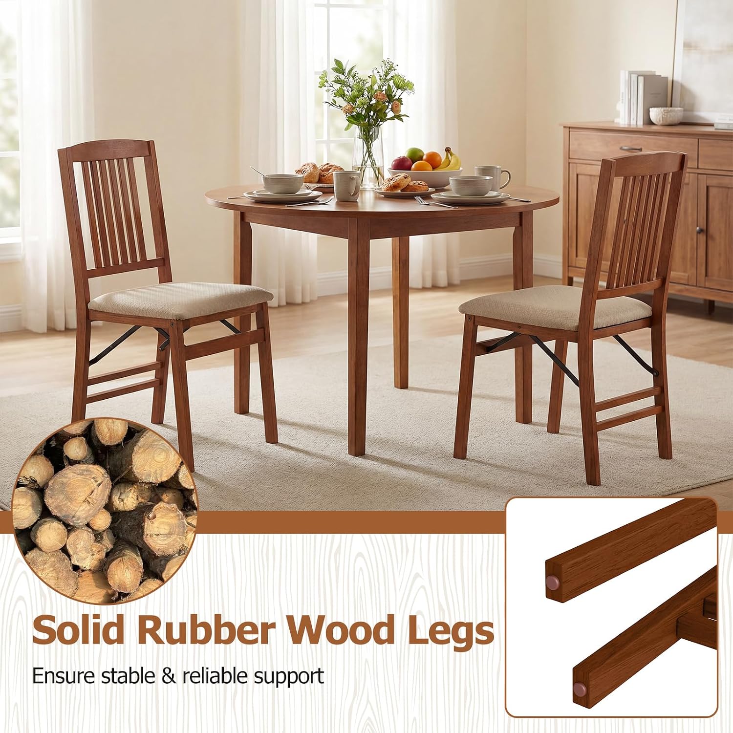 Giantex Folding Dining Chairs Set of 2, Foldable Wood Kitchen Chairs with Padded Seat, Max Load 420 Lbs, No Assembly, Wooden Dining Room Chair, Armless Side Chair for Home Apartment, Fruitwood & Beige