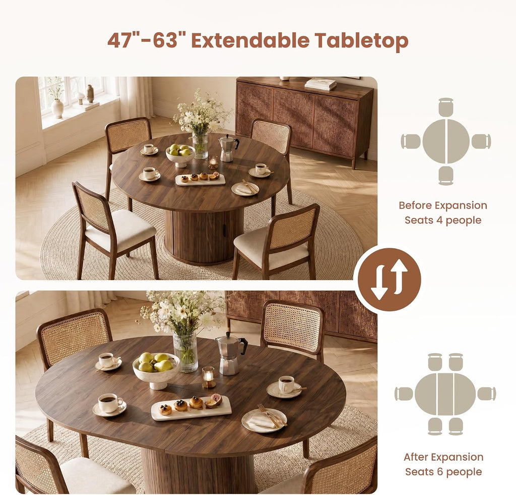 47''-63'' Extendable Round Dining Table for 4-6, Round Dining Room Table with Hidden Storage, Modern Wooden Kitchen Table with Fluted Sliding Door Cabinet for Dining Room Kitchen, Walnut