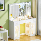 Glass Top Vanity Desk with Mirror and Lights, Crystal Knobs Makeup Vanity with 3 Drawers and Charging Station, Adjustable Lighting Color Dressing Table, Silent Slides, White