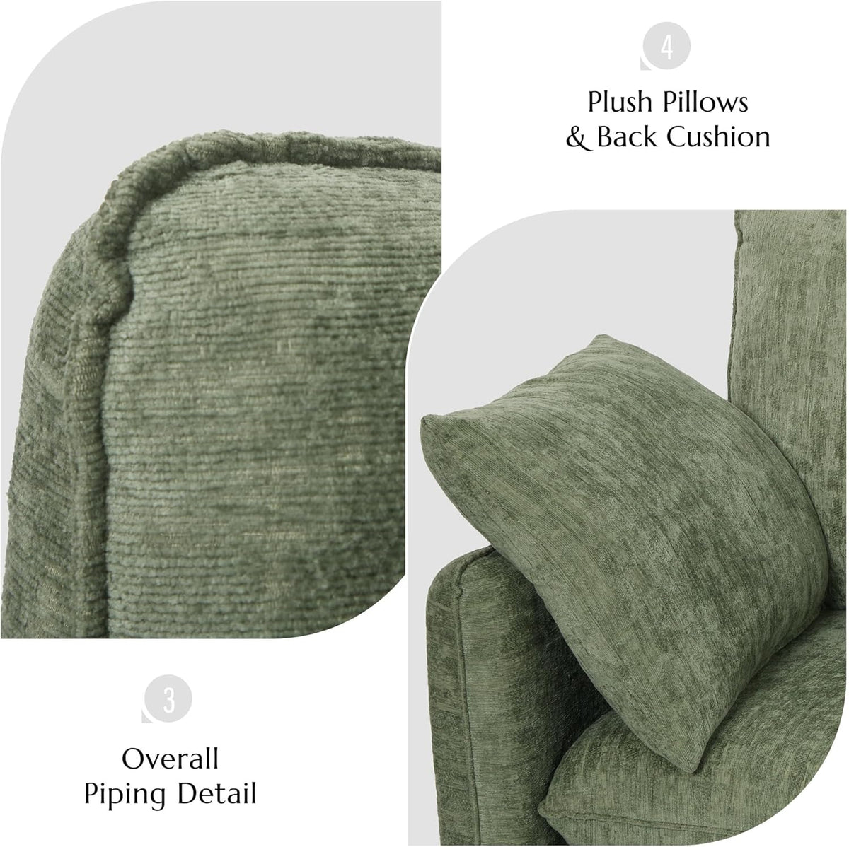Elegant Oversized Accent Reading Armchairs Set of 2, 42.1", Chenille, Green | Modern Upholstered Piping Single Chair with Cushion Backrest and 2 Pillows for Bedroom, Office, Reception Area