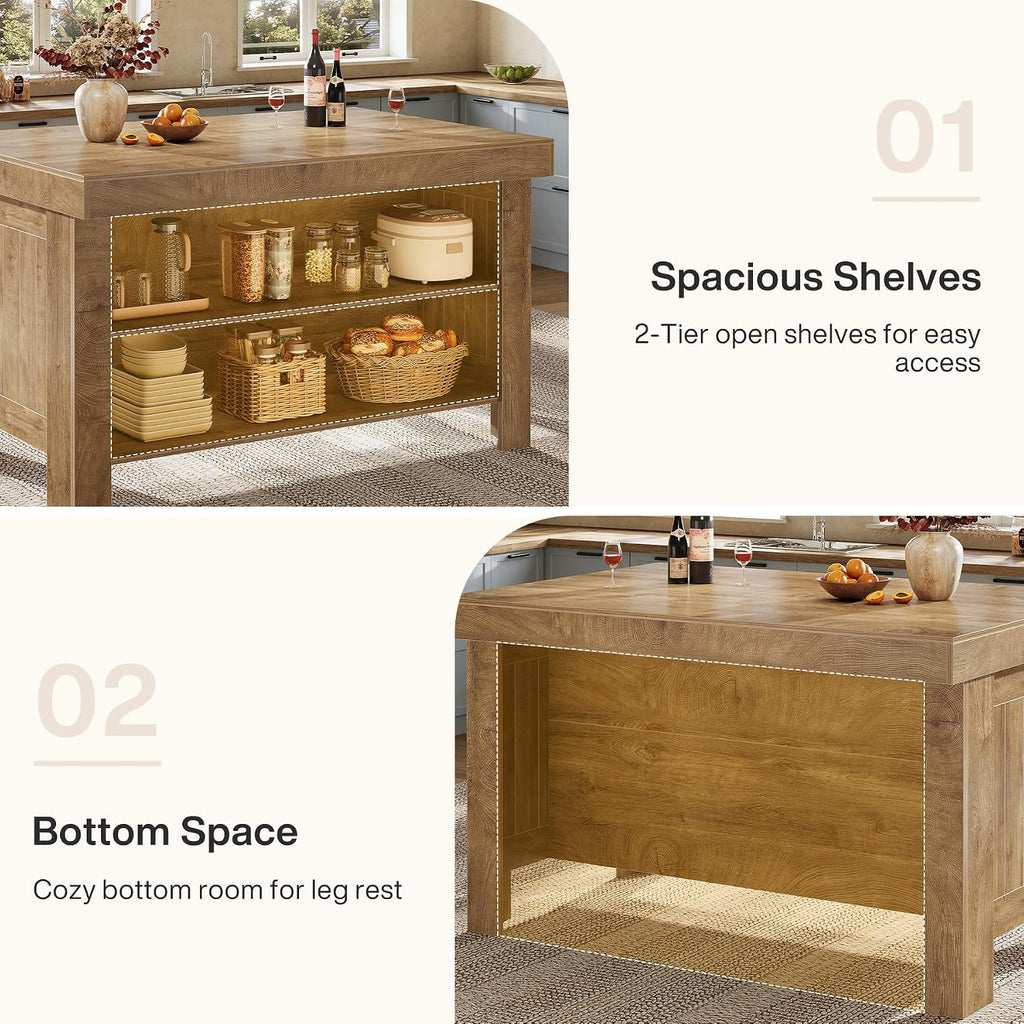 Tribesigns 55" Kitchen Island with Storage & Seating (Natural Brown | Farmhouse Wooden Island with Stationary Worktop, Open Shelves, and Legroom, Dining Prep Station for Home Kitchen