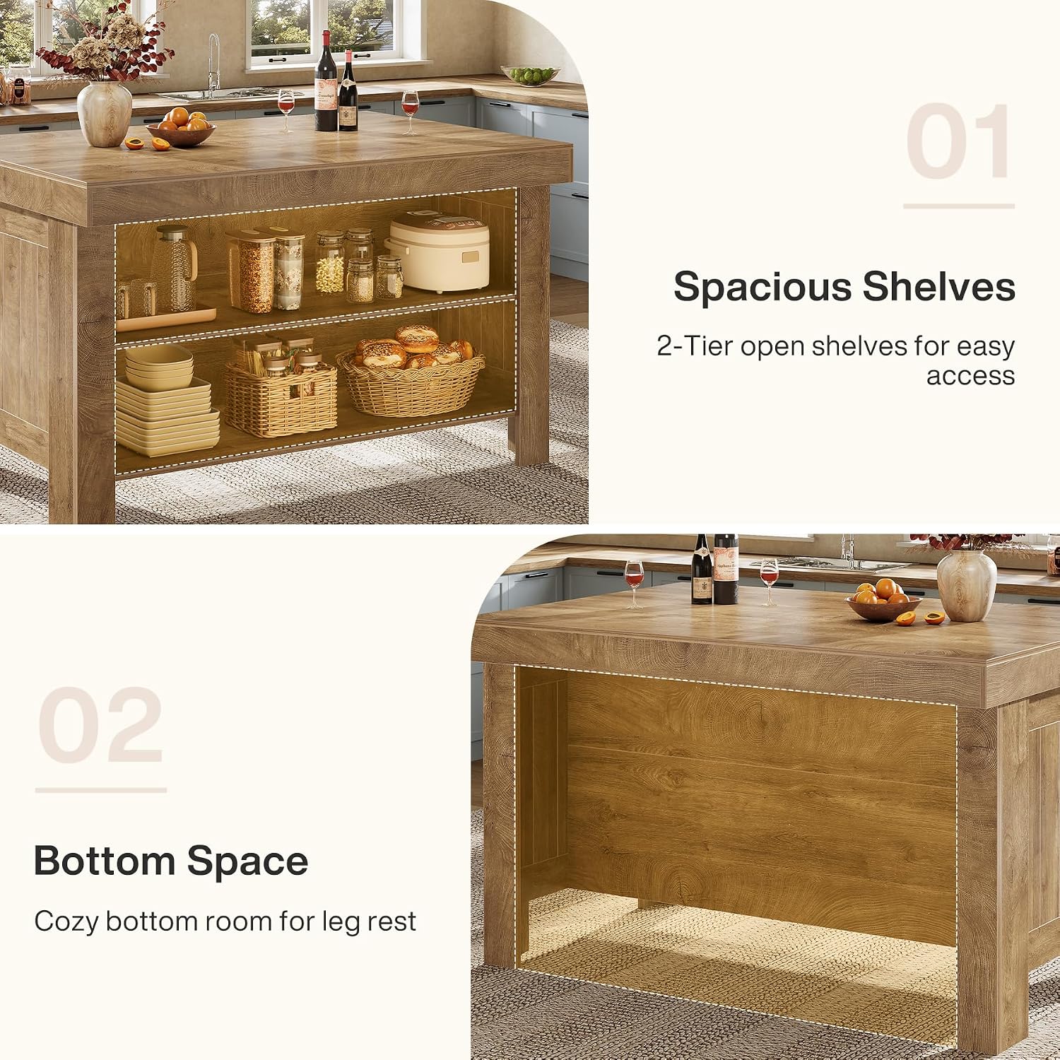 Tribesigns 55" Kitchen Island with Storage & Seating (Natural Brown | Farmhouse Wooden Island with Stationary Worktop, Open Shelves, and Legroom, Dining Prep Station for Home Kitchen