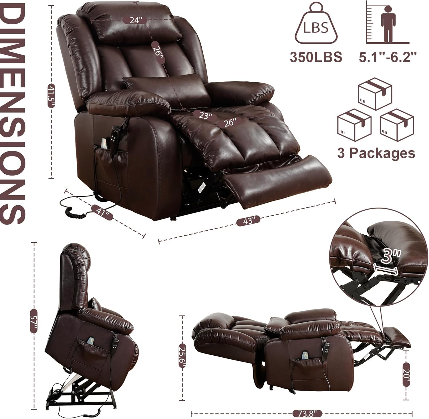 EDILLY XL Large Genuine Leather Lift Chair Recliner for Elderly, Dual Motor with Massage and Heating,with Double Lumbar Cushion and Extended Footrest,USB Port and Remote,Seat Width 26"(Brown)