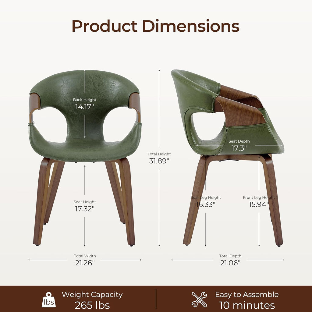 Zouron Mid Century Modern Dining Chair, Faux Leather Armchair with Wooden Legs, Padded Upholstery Accent Desk Chair No Wheels for Living Room Kitchen, Green
