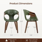 Zouron Mid Century Modern Dining Chair, Faux Leather Armchair with Wooden Legs, Padded Upholstery Accent Desk Chair No Wheels for Living Room Kitchen, Green
