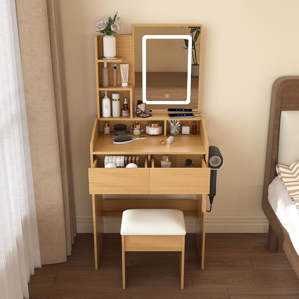 Small Makeup Vanity Desk with Light and Mirror,23.6" Compact Make up Dressing Table with USB, Type C Outlet and Holder, Padded Stool & Shelf, Space Saving Vanity Table for Teen Dorm Bedroom