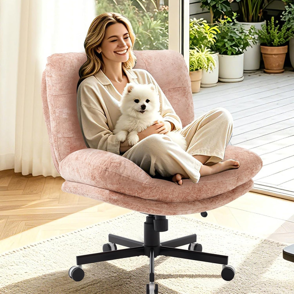 Wide Plush Comfy Criss Cross Rolling Office Desk Chair for Women Pink | 7.09" Thick Cushion, 90-130° Rocking, Height Adjustable, Swivel, Oversized Fabric Reading Chair for Living Room Bedroom