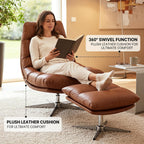 HNY Brown Swivel Lounge Chair with Ottoman Modern PU Leather Accent Chair with Footrest 33'' Wide Oversized Armless Upholstered Reading Chair with Footstool for Living Room Bedroom Comfy
