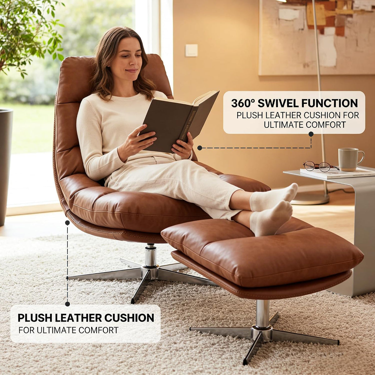 HNY Brown Swivel Lounge Chair with Ottoman Modern PU Leather Accent Chair with Footrest 33'' Wide Oversized Armless Upholstered Reading Chair with Footstool for Living Room Bedroom Comfy