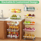 SAYZH 5-Tier Fruit Basket Stand with Vegetable Baskets for Kitchen, White | Stackable Metal Wire Basket, Sturdy Rolling Storage Carts for Kitchen, Pantry Organizer, Snack and Jar Storage