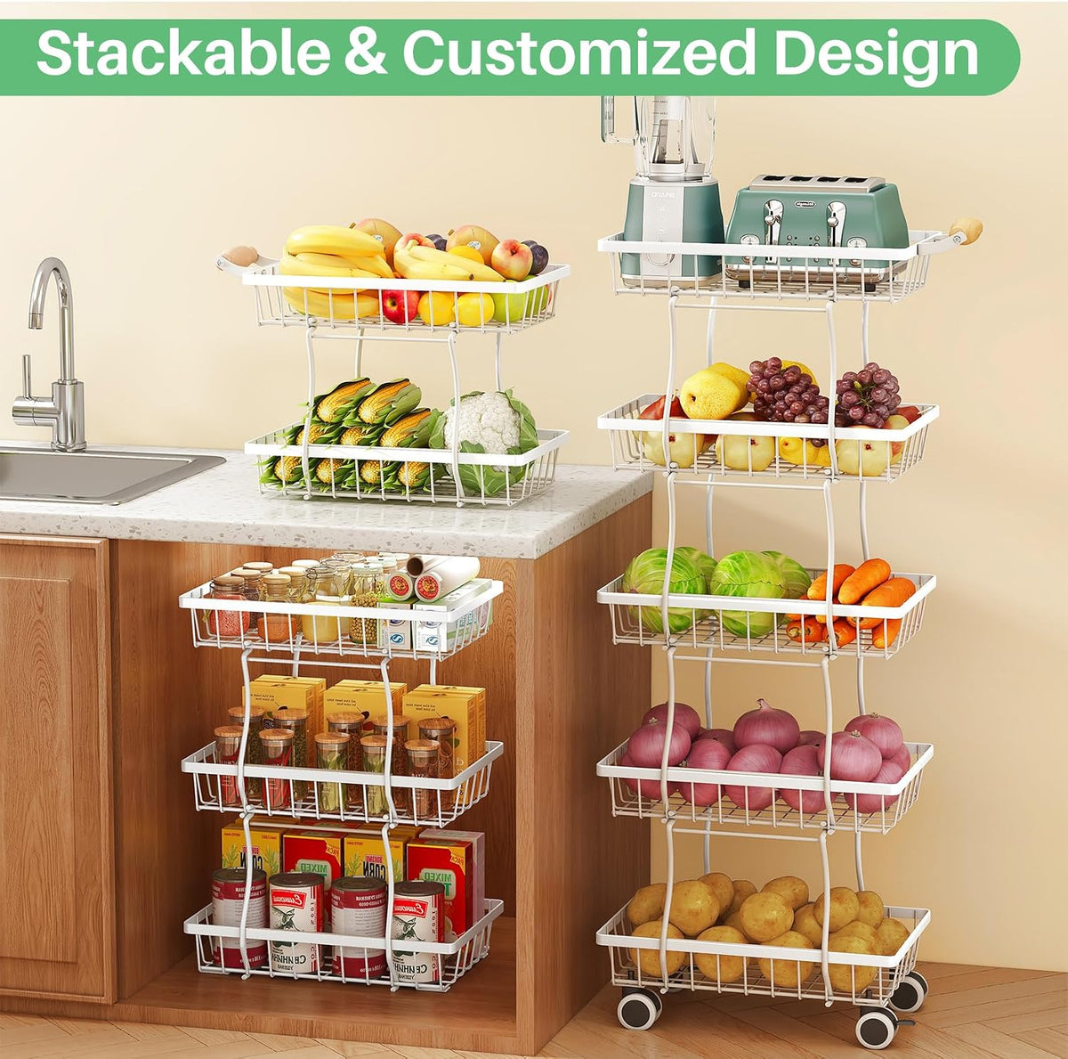 SAYZH 5-Tier Fruit Basket Stand with Vegetable Baskets for Kitchen, White | Stackable Metal Wire Basket, Sturdy Rolling Storage Carts for Kitchen, Pantry Organizer, Snack and Jar Storage