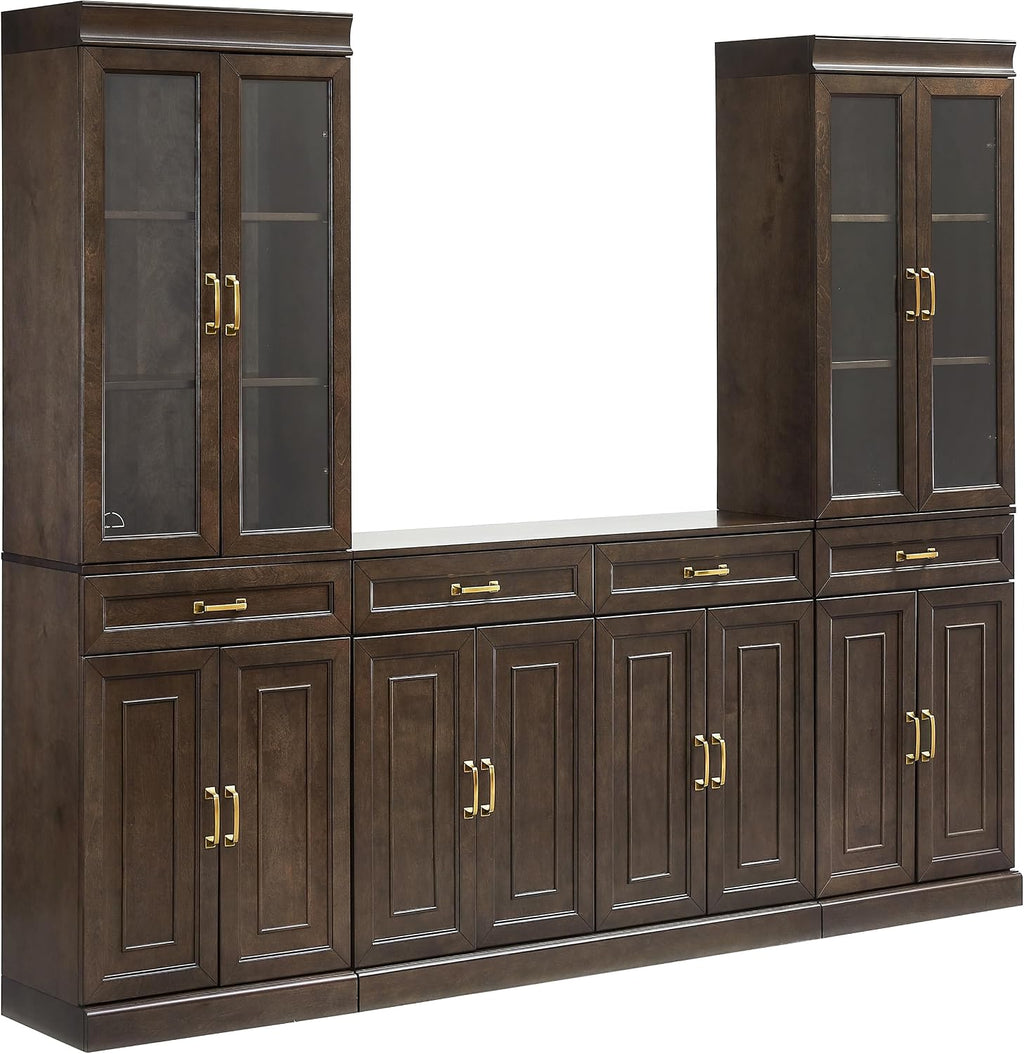 Crosley Furniture Stanton 3-Piece Sideboard Buffet Cabinet and Glass Door Kitchen Storage Pantry Set, Coffee