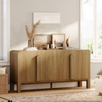 WAMPAT 63" W Large Buffet Sideboard Cabinet with Storages, Modern Buffet Table Coffee Bar Wine Bar Storage Curved Cabinet with 4 Doors for Dining Room, Living Room, Kitchen, Light Walnut