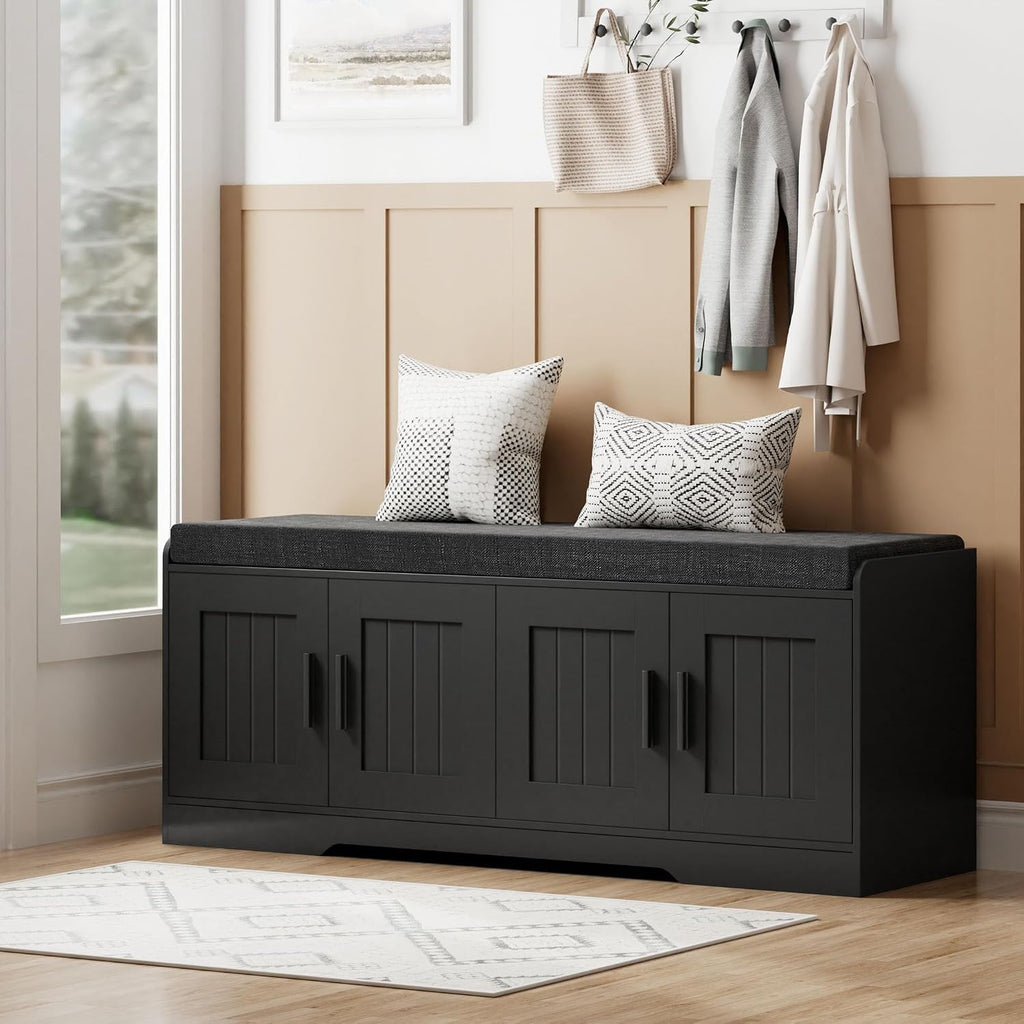 Homleke Shoe Storage Bench, 4 Doors & Thickened Padded Seat Cushion | 2-Tier Shoe Bench, Entryway Bench, Adjustable Shelf, 13.8" D x 45.3" W x 18.5" H, for Living Room, Bedroom, Black