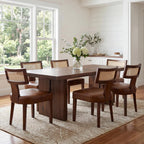 VESCASA Mid Century Modern Rattan Dining Chairs Set of 6, Upholstered Leather Dining Room Chairs with Cane Back, Walnut Wood Legs, Kitchen Accent Chairs for Apartment, Farmhouse & Modern Home, Brown