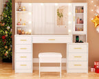 ANWBROAD 49.2" Large Vanity Desk with Mirror and Lights, Glass Top Vanity | White Makeup Vanity Desk with 8 Drawers, Power Outlet, Nightstand 5 Hooks Vanity Table with Stool for Bedroom Women UBDT88W