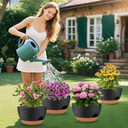 Vanslogreen Plant Pots 12inch Self Watering Pots, Set of 2 Plastic Planters with Drainage Holes and Saucers, Flower Pots for Indoor Outdoor Plants (Black)