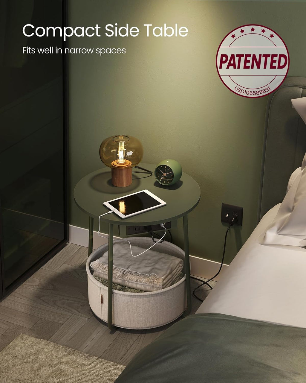VASAGLE LILEA Collection - Side Table with Charging Station, Round End Table with Fabric Basket, Nightstand with USB Ports, for Living Room, Bedroom, Modern, Forest Green and Cream White ULET228C04