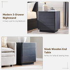 JXQTLINGMU 22" Modern Nightstands Set of 2 with Charging Station, Large Push-to-Open End Table, Wood Bedside Table, Curved Profile, Handleless 3 Drawer Night Stand for Bedroom, Living Room, Black