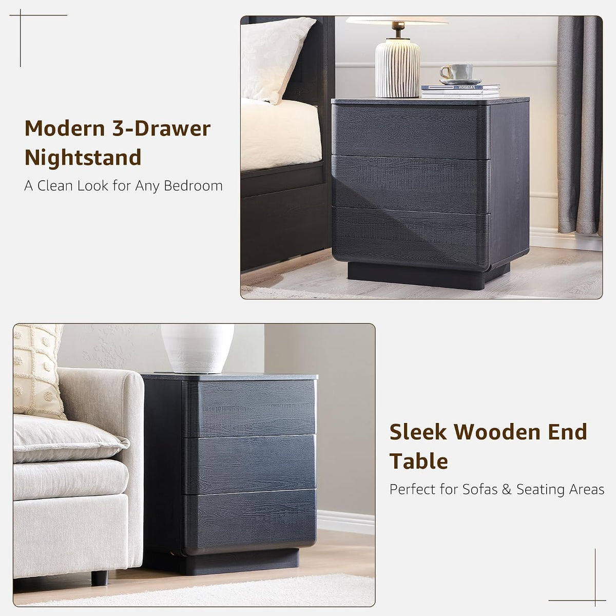 JXQTLINGMU 22" Modern Nightstands Set of 2 with Charging Station, Large Push-to-Open End Table, Wood Bedside Table, Curved Profile, Handleless 3 Drawer Night Stand for Bedroom, Living Room, Black